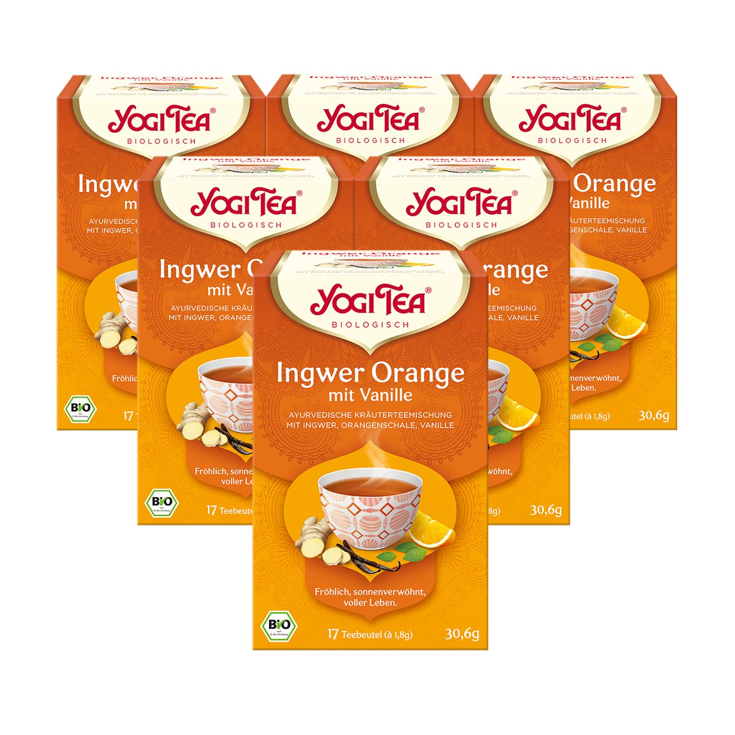 Mehrere Packungen Ingwer Orange Tee. Aufdruck: Yogi Tea, Ingwer Orange mit Vanille, Bio, 17 Teebeutel, 30,6g.