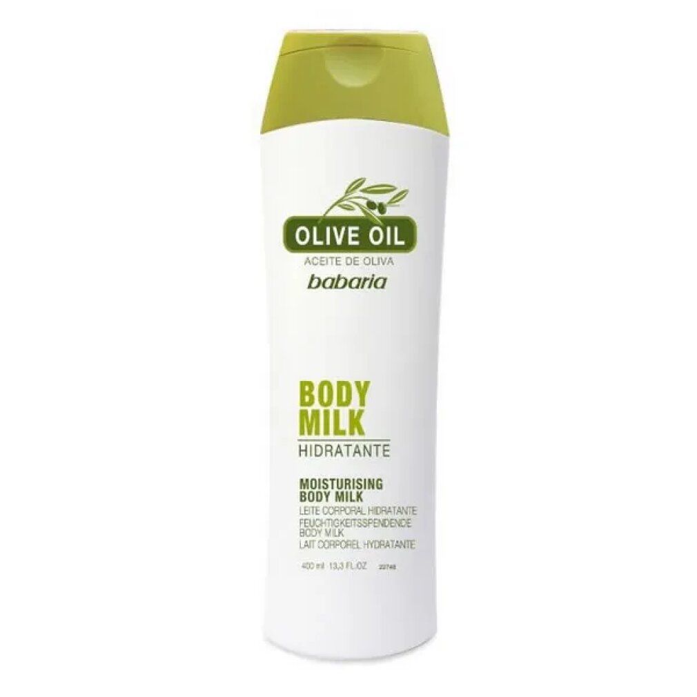 Weiße Flasche mit grünem Deckel. Aufschrift: Olive Oil, Babaria, Body Milk, Moisturising Body Milk. Olivenzweig-Logo.