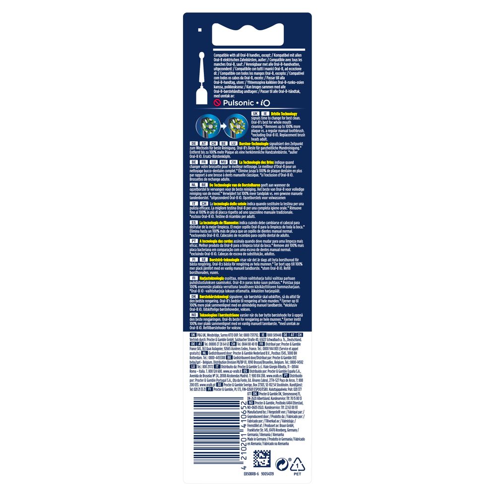 Rückseite der Verpackung mit Produktinformationen, Text in mehreren Sprachen, Barcode und Recycling-Symbolen.