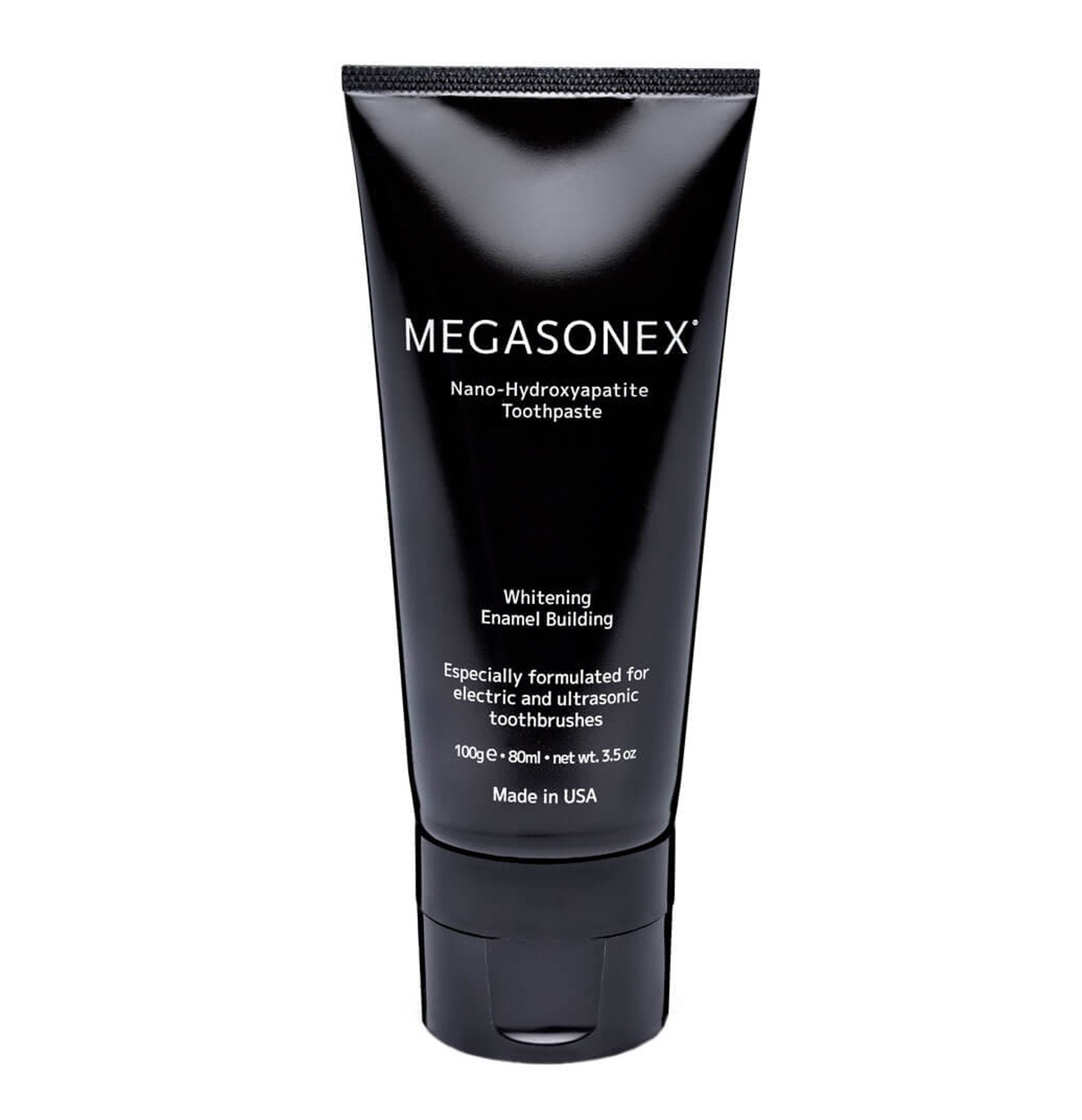Schwarze Tube mit weißer Schrift. "MEGASONEX" und Produktinformationen. "Whitening Enamel Building".