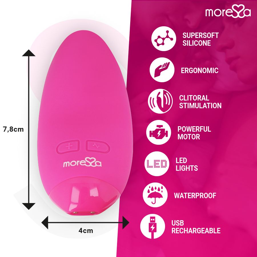 Rosa Vibrator. Ovale Form, 7,8 cm lang, 4 cm breit. Text: Supersoftes Silikon, ergonomisch, LED-Lichter.