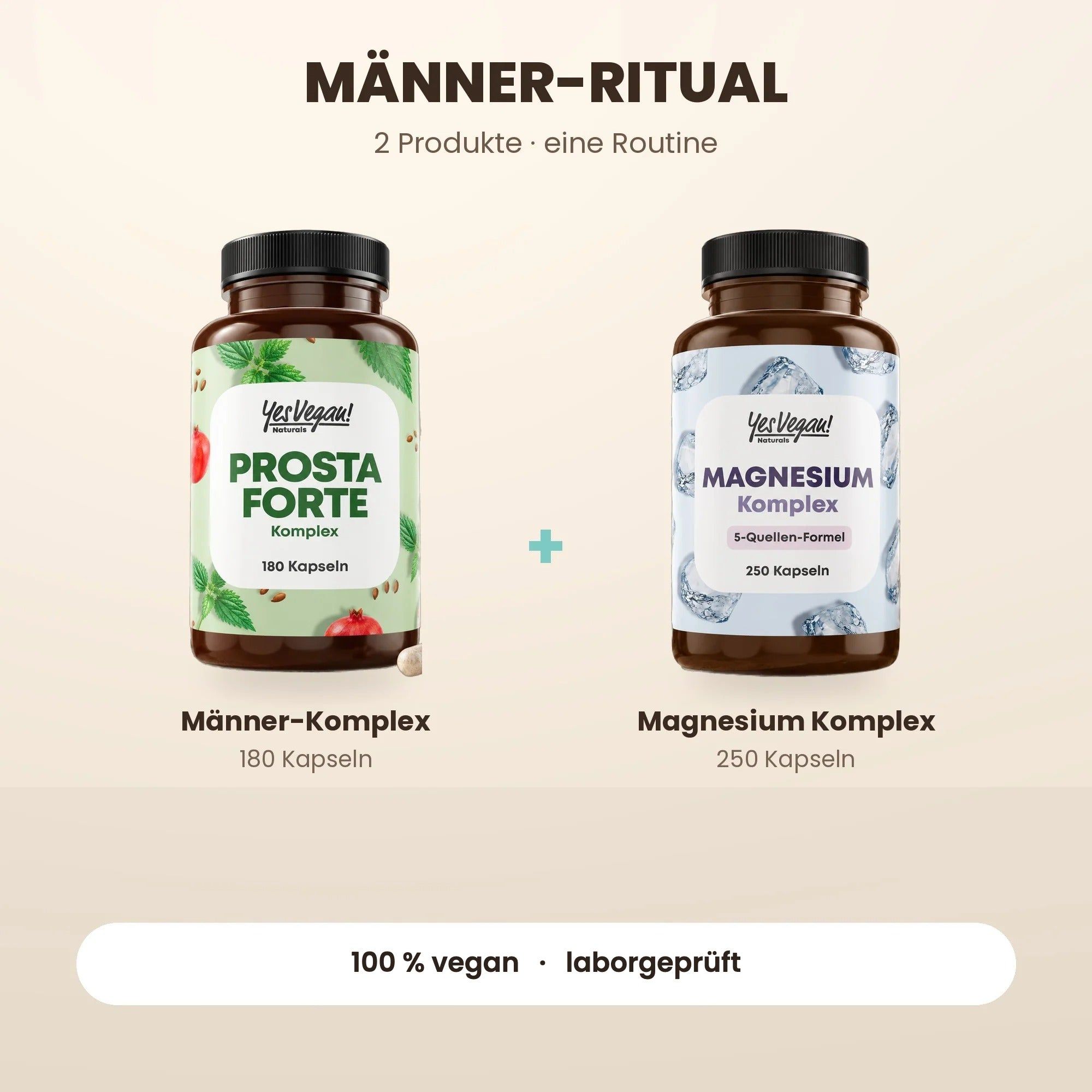Braune Kapsel-Flasche mit 'Prosta Komplex' Etikett, 200 Kapseln. Grüne Anhänger-Etiketten mit Produktinformationen.
