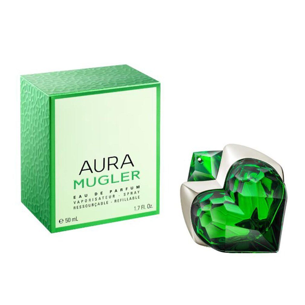 Grüne Schachtel und Flakon. Auf der Schachtel steht "AURA MUGLER". Der Flakon ist herzförmig und grün.