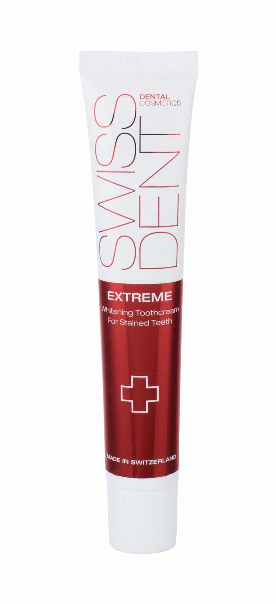 Zahncreme-Tube, weiß und rot, mit Schriftzug SWISSDENT und EXTREME. Rotes Kreuz-Logo. Hergestellt in der Schweiz. Für verfärbte Zähne.