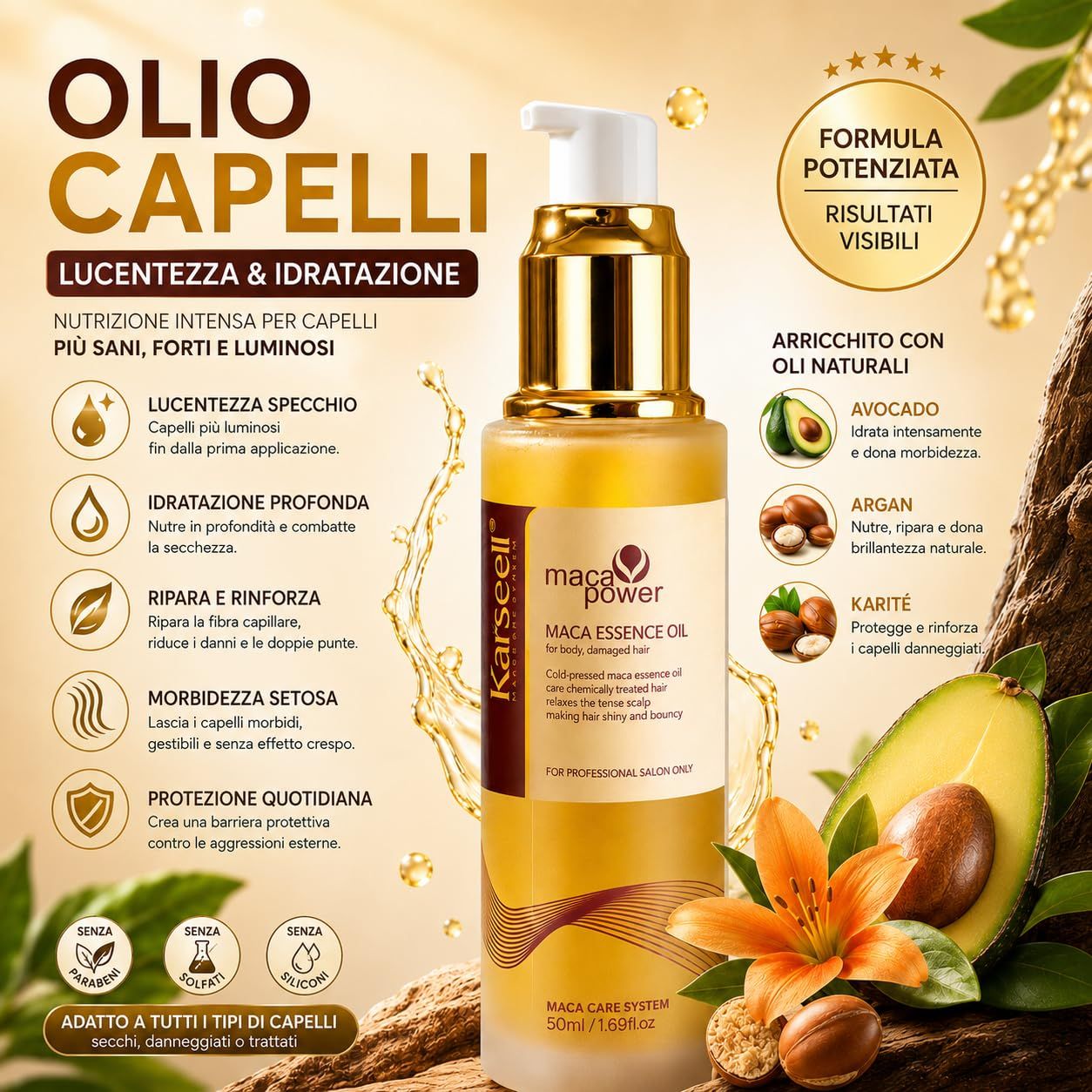 Goldene Flasche mit Haaressenzenöl, Marke Karsee, mit Avocado, Argan und Karité-Symbolen.
