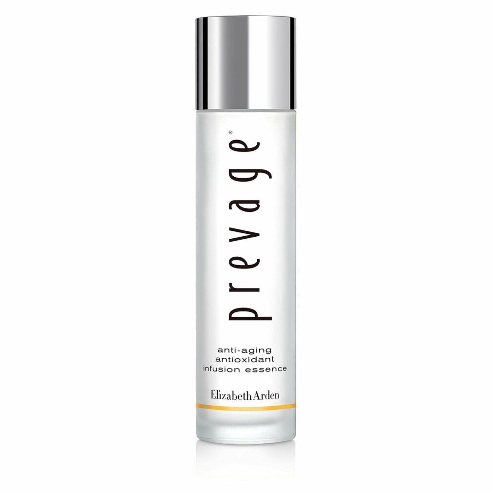 Elizabeth Arden Prevage Essence. Zylindrische Flasche mit silbernem Deckel. Text: Prevage, Anti-Aging, Antioxidant infusion essence.