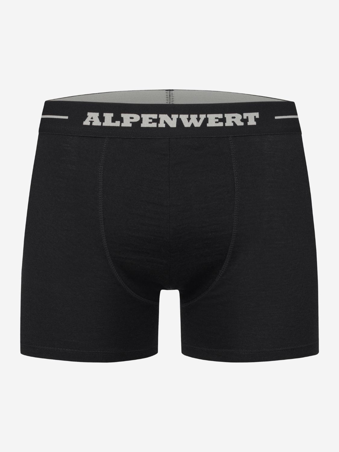 Schwarze Herren-Boxershorts aus Merinowolle mit ALPENWERT-Bund, Vorderansicht.