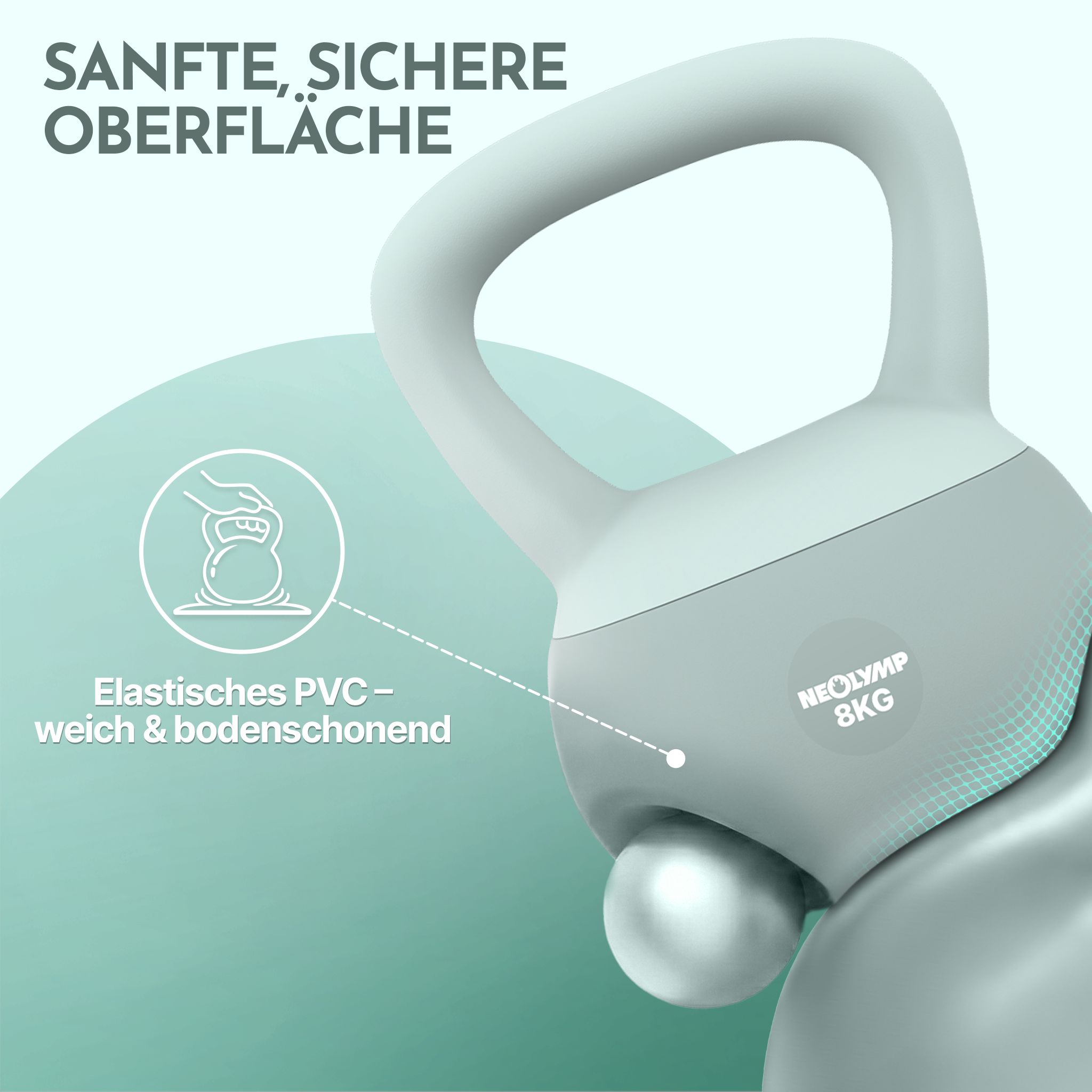 NEOLYMP Kettlebell 8 kg. Sanfte, sichere Oberfläche aus elastischem PVC, weich und bodenschonend.