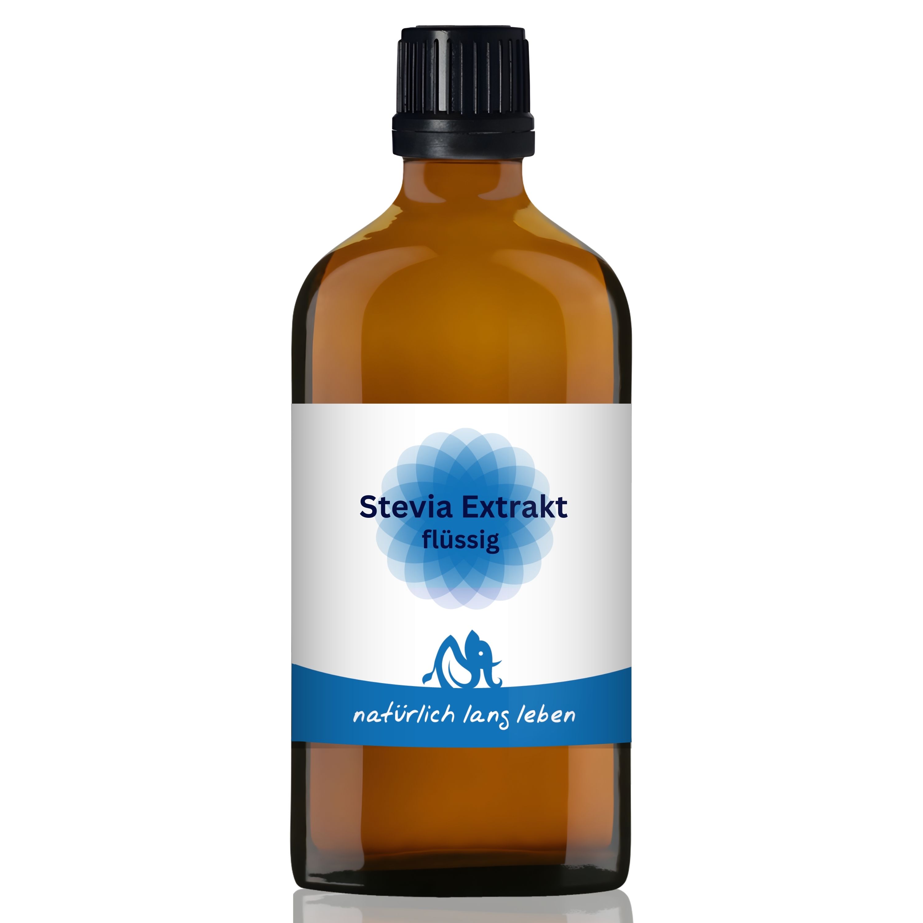 Braune Glasflasche mit weißem Etikett. Stevia Extrakt flüssig. Logo und Schriftzug. Schwarzer Deckel.