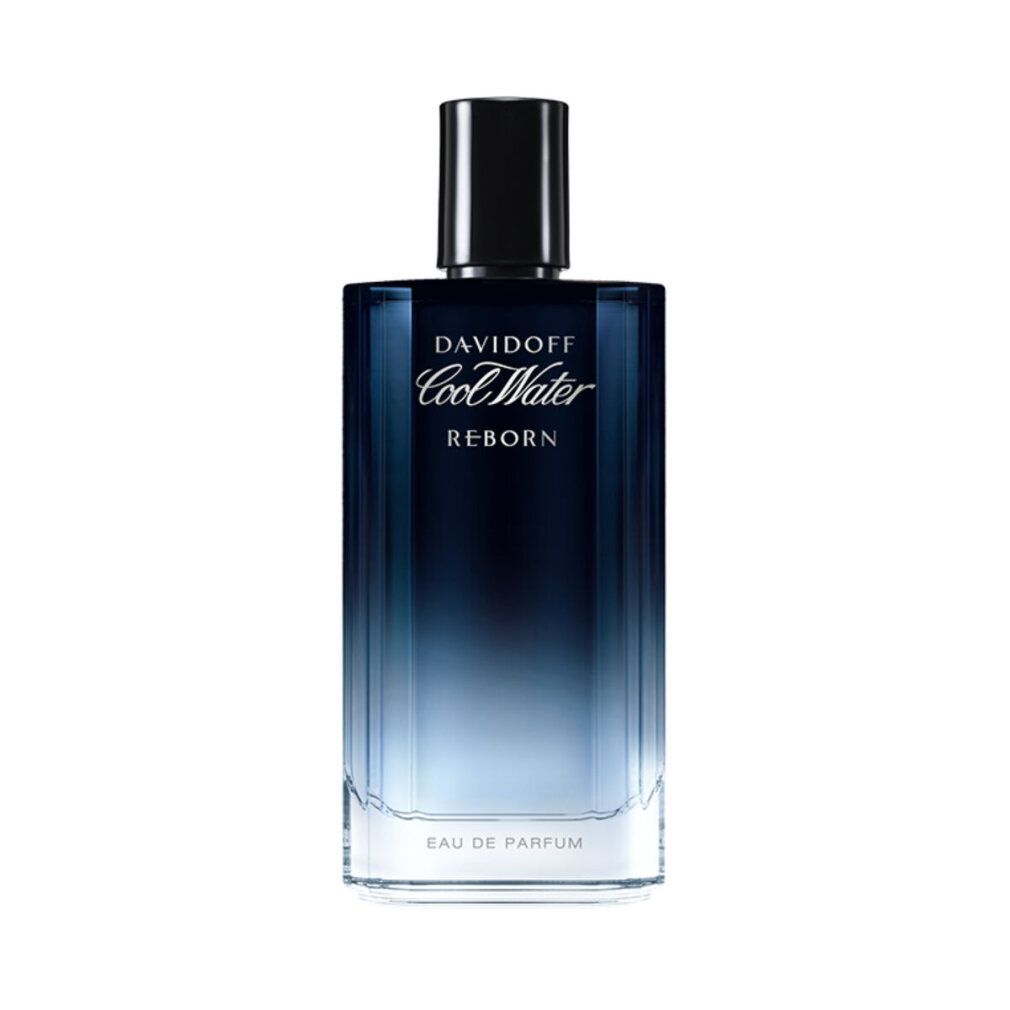 Davidoff Cool Water Reborn Flakon. Rechteckige Form, Farbverlauf von Blau nach transparent. Schwarzer Verschluss. Aufschrift.