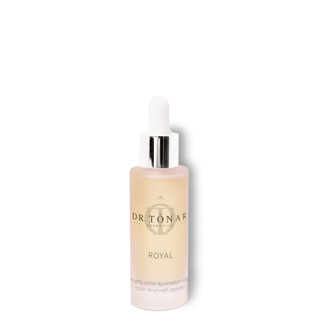 Serumflasche mit Pipette. Aufschrift: DR. TONAR COSMETICS ROYAL. Helle Flüssigkeit in einer Glasflasche.
