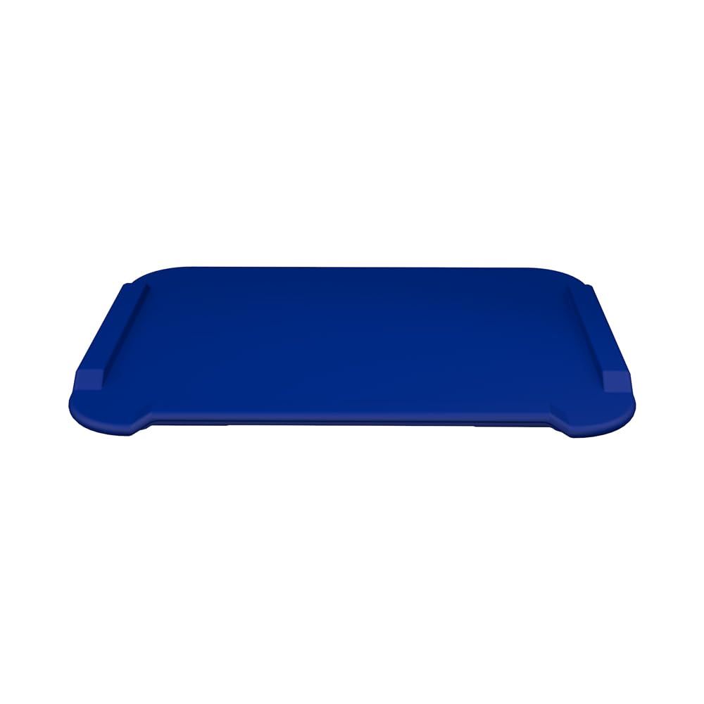 Blaues Essbrettchen mit abgerundeten Ecken und erhöhten Griffen. Rechteckige Form, aus Kunststoff.