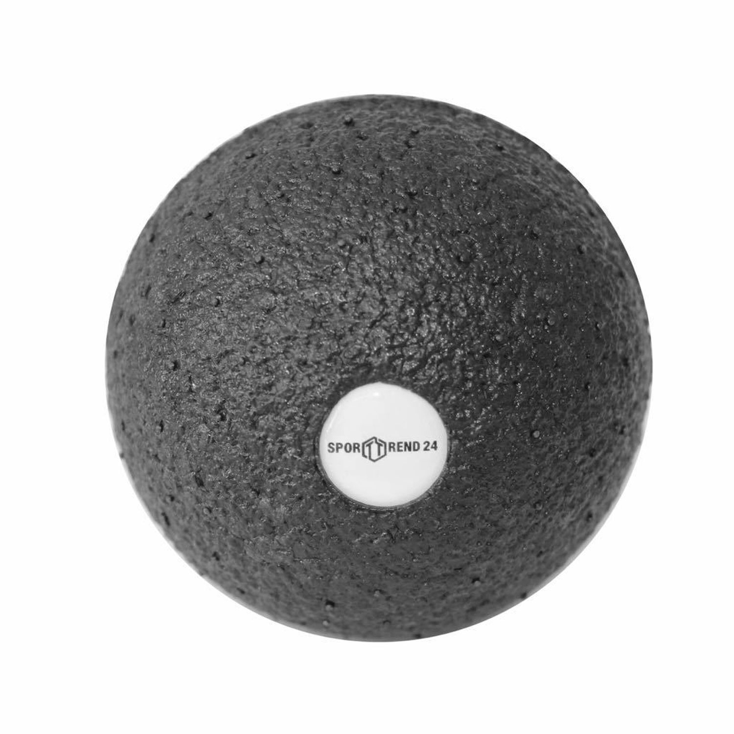 Schwarzer Faszienball mit strukturierter Oberfläche. Ein weißes Logo mit der Aufschrift 'Sporttrend 24' ist sichtbar.