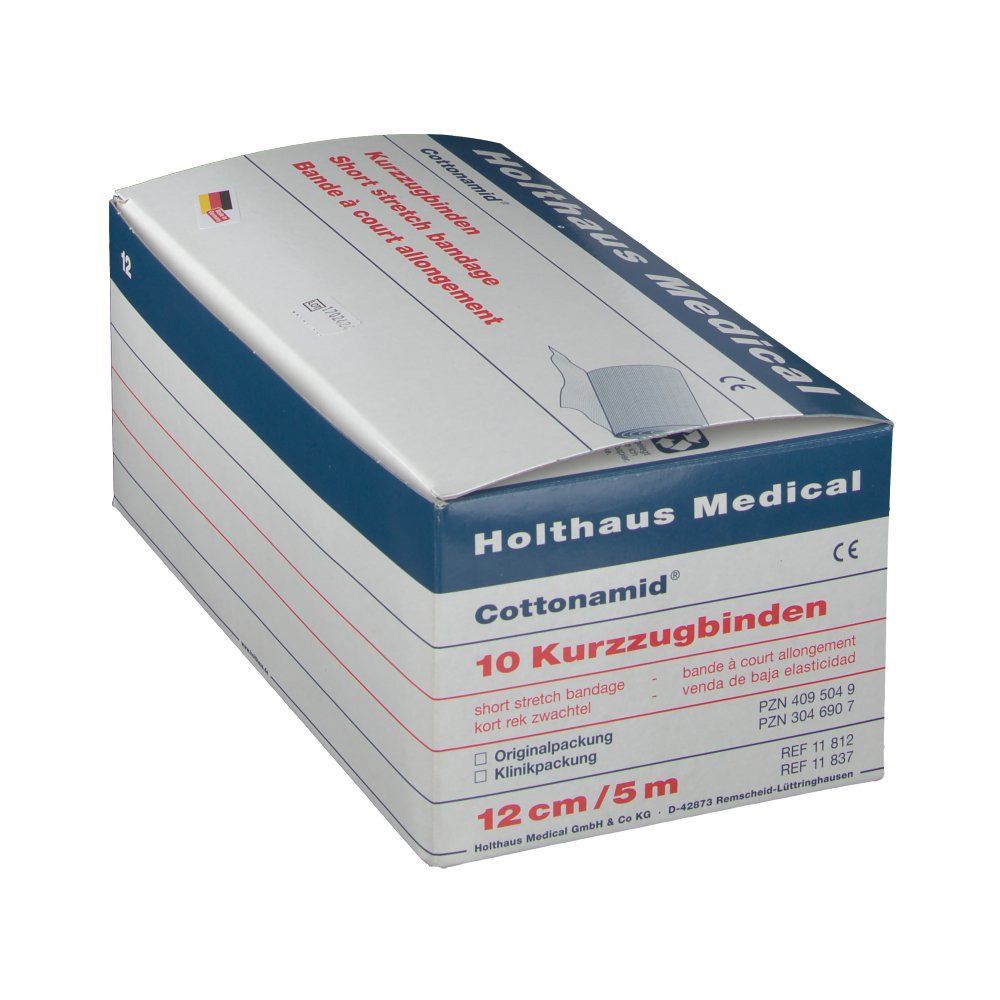 Verpackung mit 10 Kurzzugbinden. Aufschrift: Cottonamid, Holthaus Medical. Größe: 12 cm x 5 m. Mit CE-Kennzeichnung.