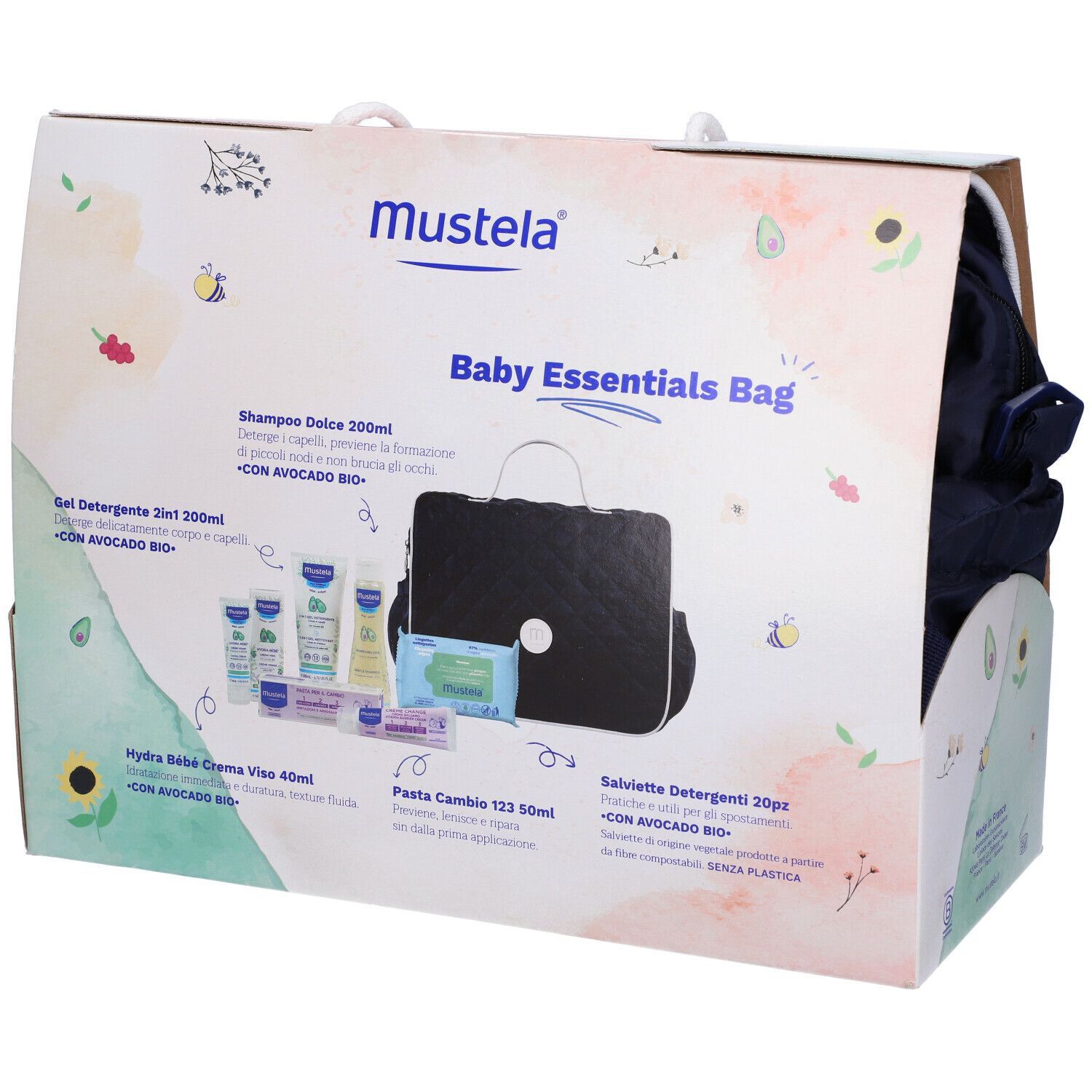 Mustela® Baby Essentials Bag nella confezione. Prodotti e borsa nella scatola. Testo e illustrazioni.