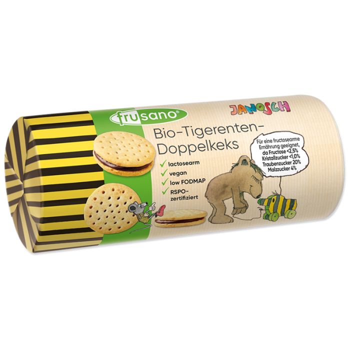 Frusano Bio-Tigerenten-Doppelkeks-Packung. Gelb-schwarze Verpackung. Produktname, Illustrationen, Zertifizierungen und Nährwertangaben.