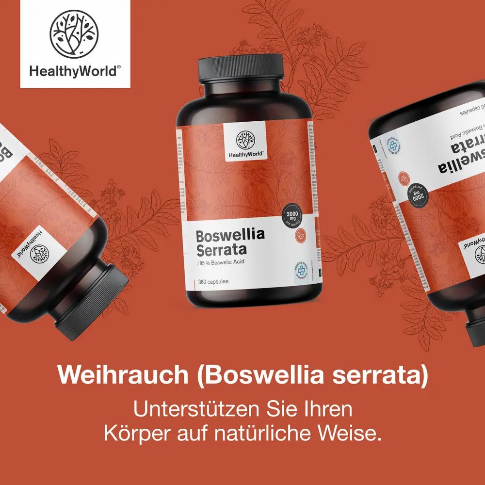 Produktabbildung mit Flaschen. Aufschrift: HealthyWorld, Boswellia Serrata, 85% Boswelliasäure. Text: Unterstützen Sie Ihren Körper auf natürliche Weise.