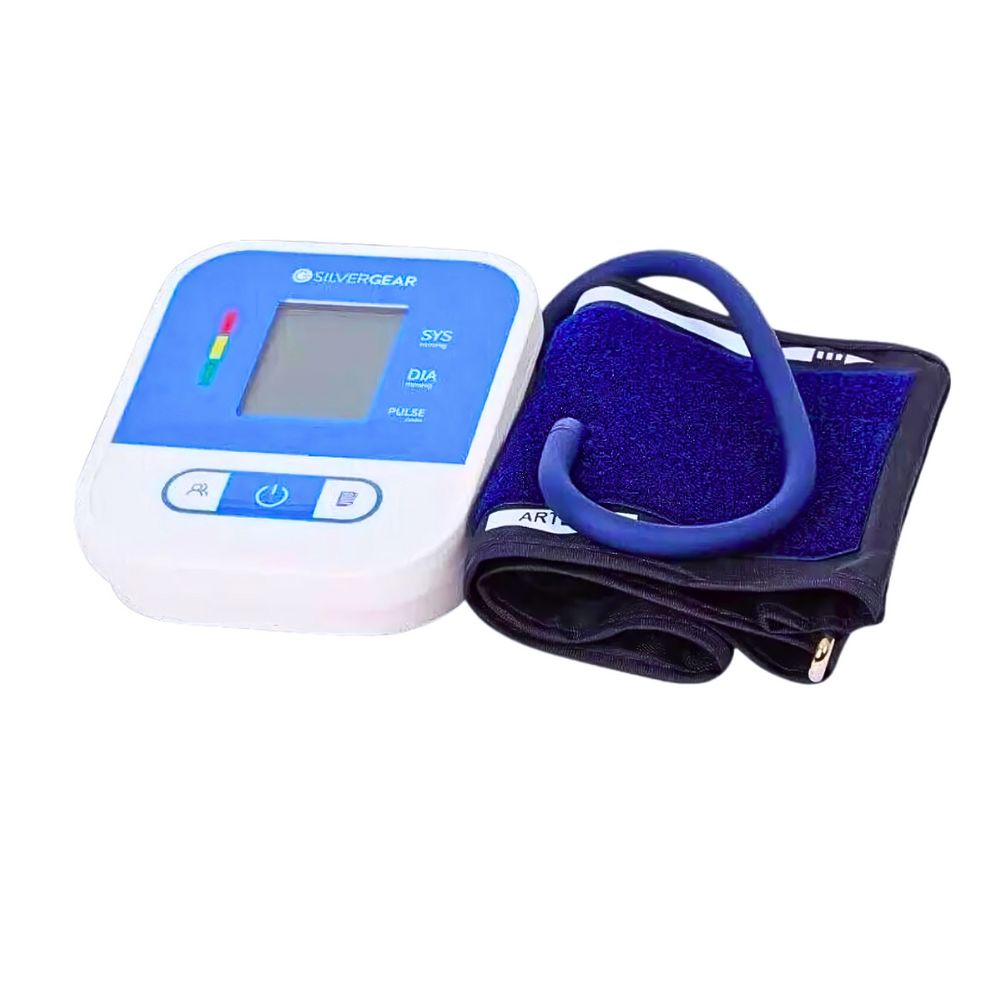 Blutdruckmessgerät mit blauem Armband und LCD-Display. Das Gerät zeigt SYS, DIA und PULSE an. Das Gerät ist weiß und blau.