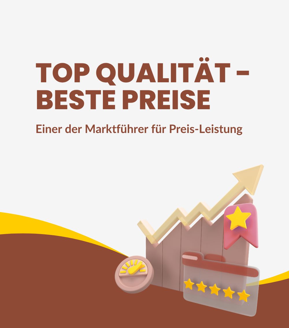 Grafik mit Diagramm, Stern, und Text "TOP QUALITÄT - BESTE PREISE". Gelbe Akzente.  "Einer der Marktführer für Preis-Leistung".