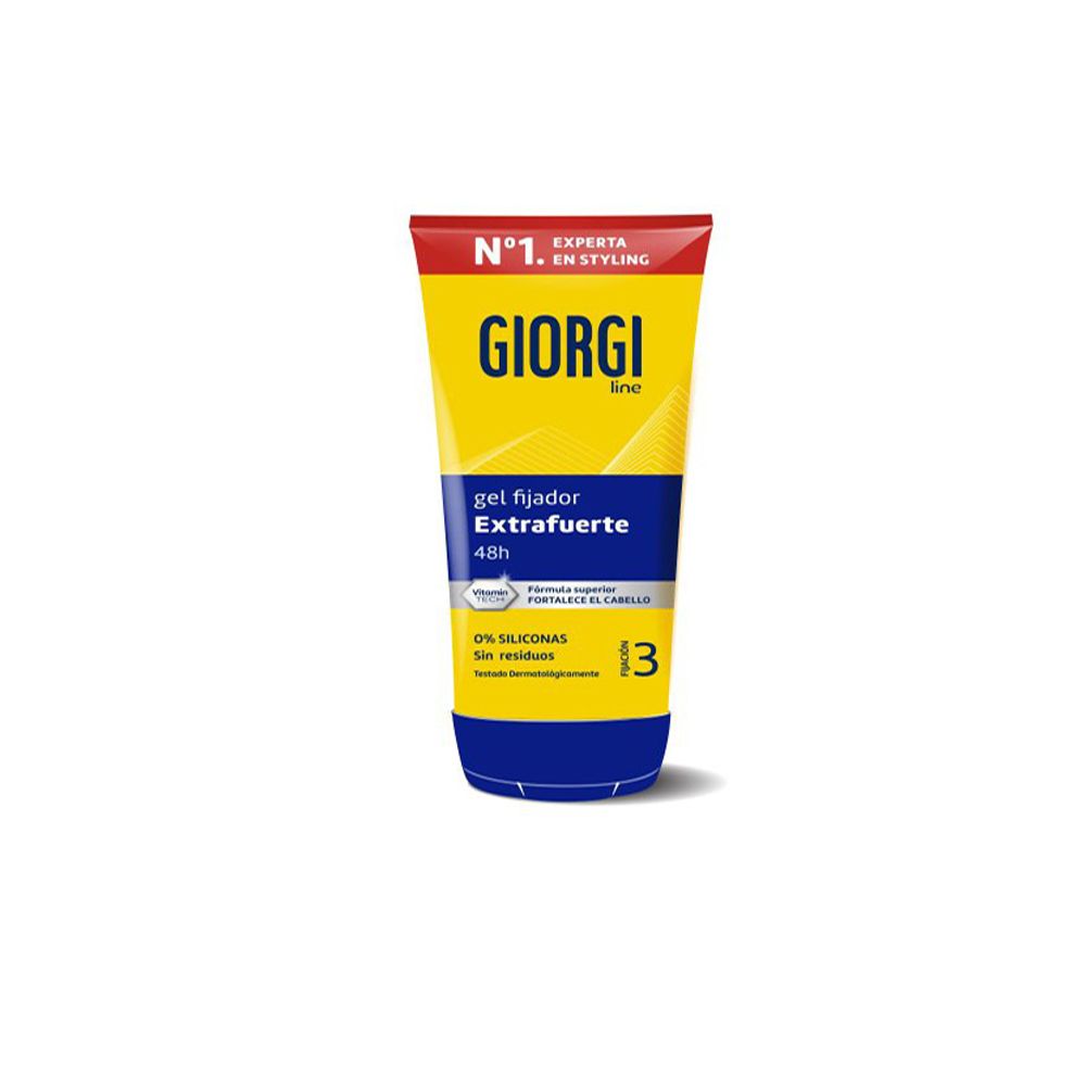 Gel-Tube mit rotem Deckel und gelbem Hauptteil. Blaue Schrift: "GIORGI", "gel fijador Extrafuerte 48h". Aufdruck: "0% SILICONAS".