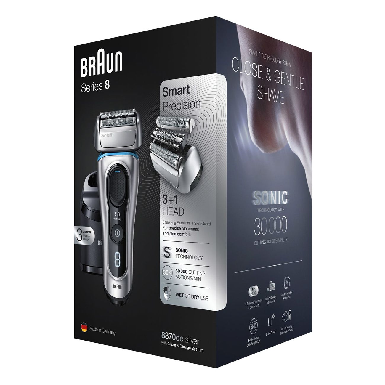 Verpackung Braun Series 8-8370cc. Enthält Rasierer, Reinigungsstation und Zubehör. Aufschrift: Braun, Series 8, Smart Precision.