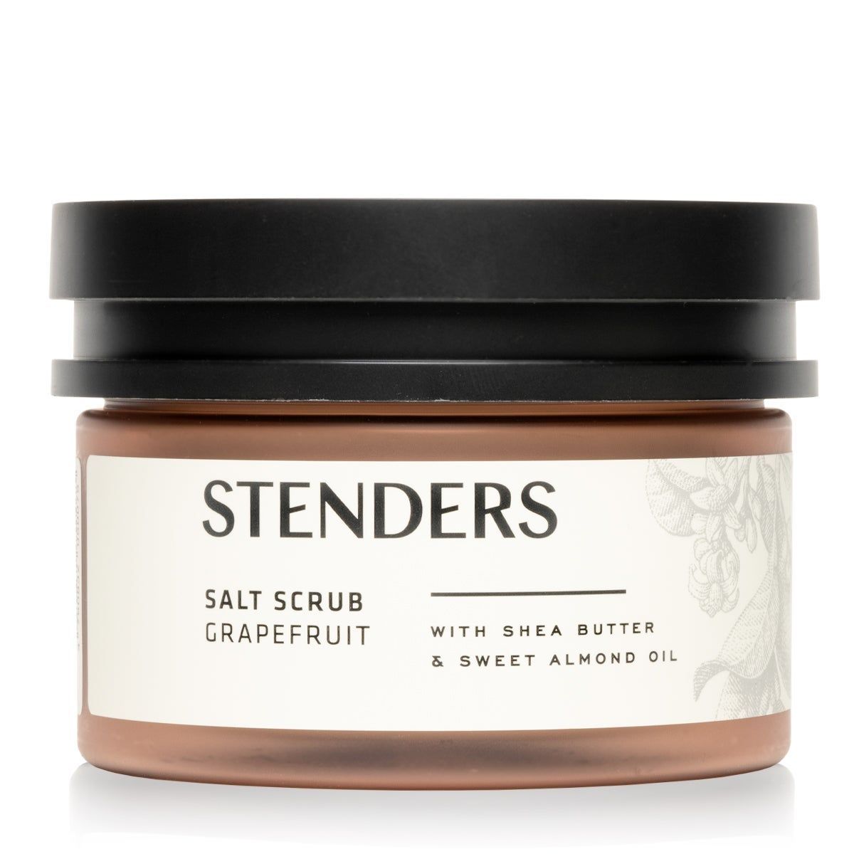 Braune Dose mit schwarzem Deckel. Aufschrift: STENDERS, Salt Scrub Grapefruit. Enthält Sheabutter und Mandelöl. Weiße Etikette.