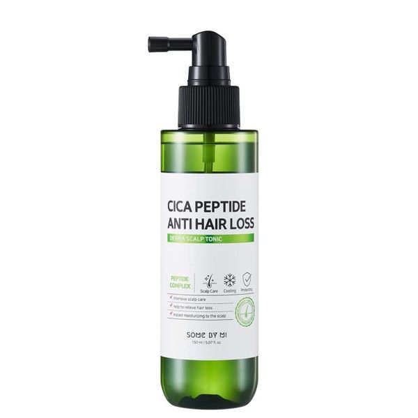Grüne Flasche mit Pumpspender für Cica Peptide Anti Hair Loss Scalp Tonic. Enthält Peptide Complex.