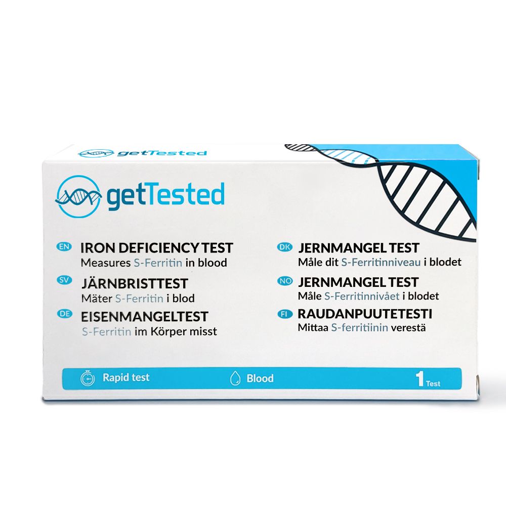 Weiße Schachtel mit blauem Deckel. Enthält Text in mehreren Sprachen, darunter „Eisenmangeltest“. Logo und Hinweis auf einen Schnelltest.