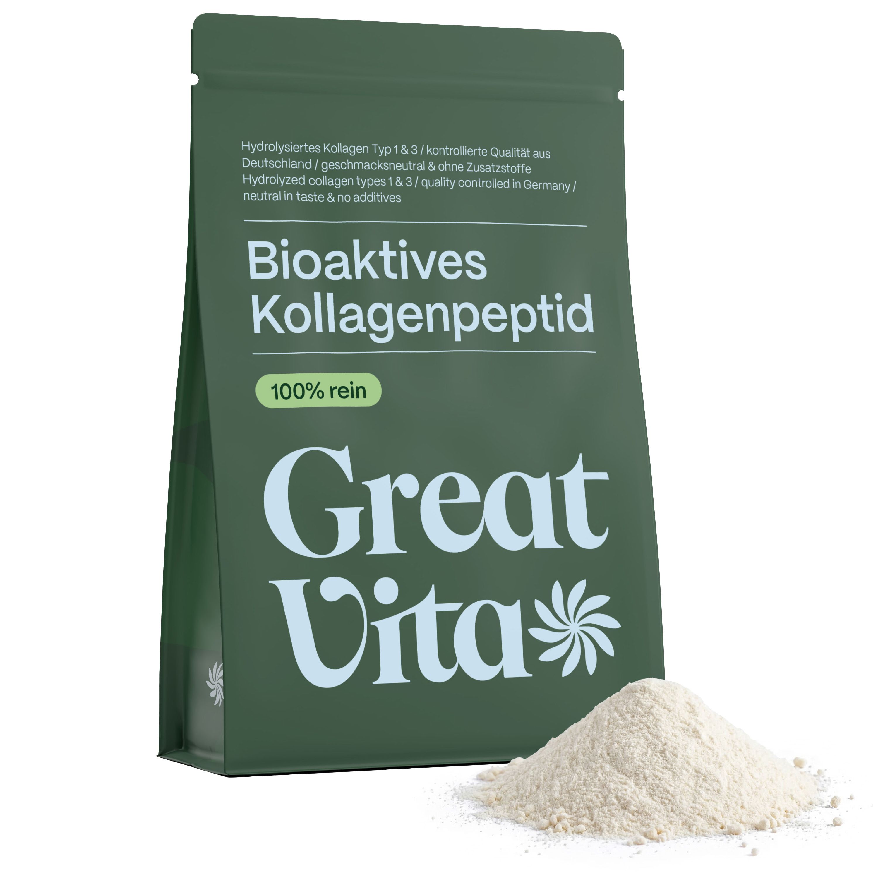 Grüner Beutel GreatVita Bioaktives Kollagenpeptid, 100% rein. Daneben ein Haufen Pulver.