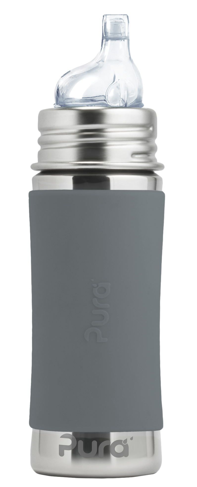Trinklernflasche mit grauem Silikon-Sleeve. Edelstahl-Flaschenkörper, transparenter Sauger. Marke Pura.