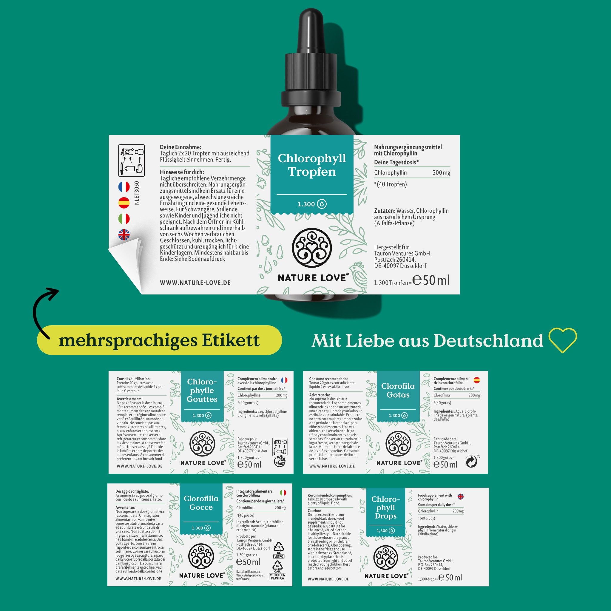 NATURE LOVE® flüssiges Chlorophyll aus Alfalfa 50ml - hochdosiert 200mg Chlorophyllin - ohne Jod