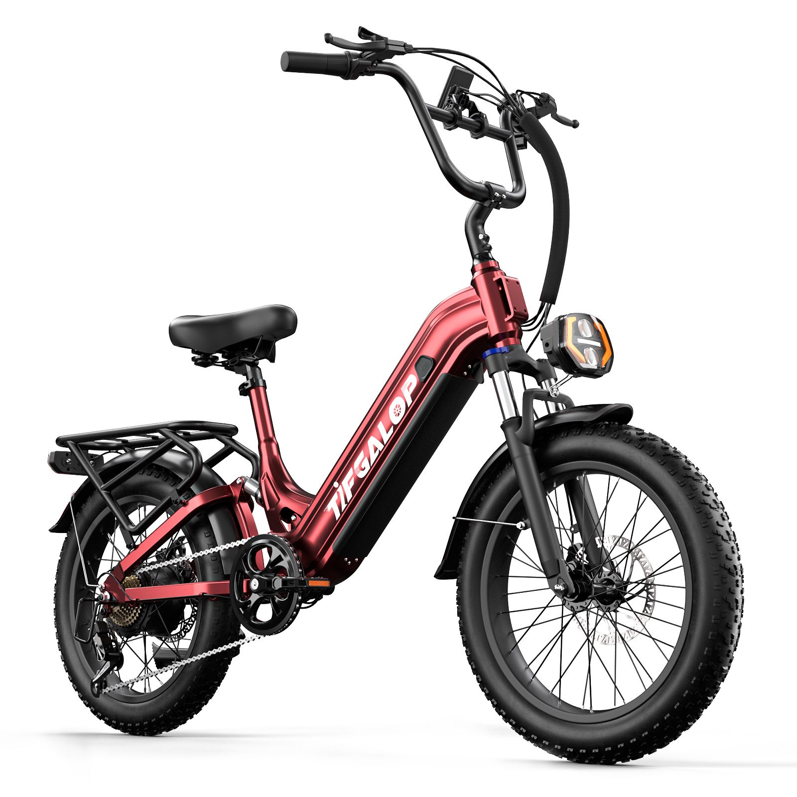 Rotes E-Bike mit schwarzen Elementen. Breitreifen, Gepäckträger, Scheinwerfer und Lenker. Marke TIFGALOP.