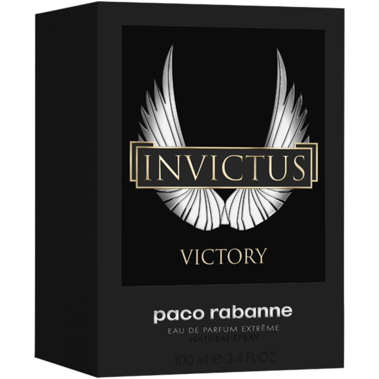 Schwarze Verpackung mit "Invictus Victory"-Logo. Flügel-Design. Aufschrift "Eau de Parfum Extrême".