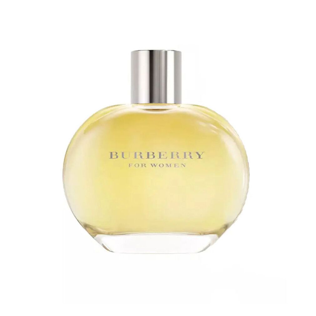 Runder Flakon mit silbernem Deckel. Aufschrift: BURBERRY FOR WOMEN. Gelbe Flüssigkeit sichtbar.