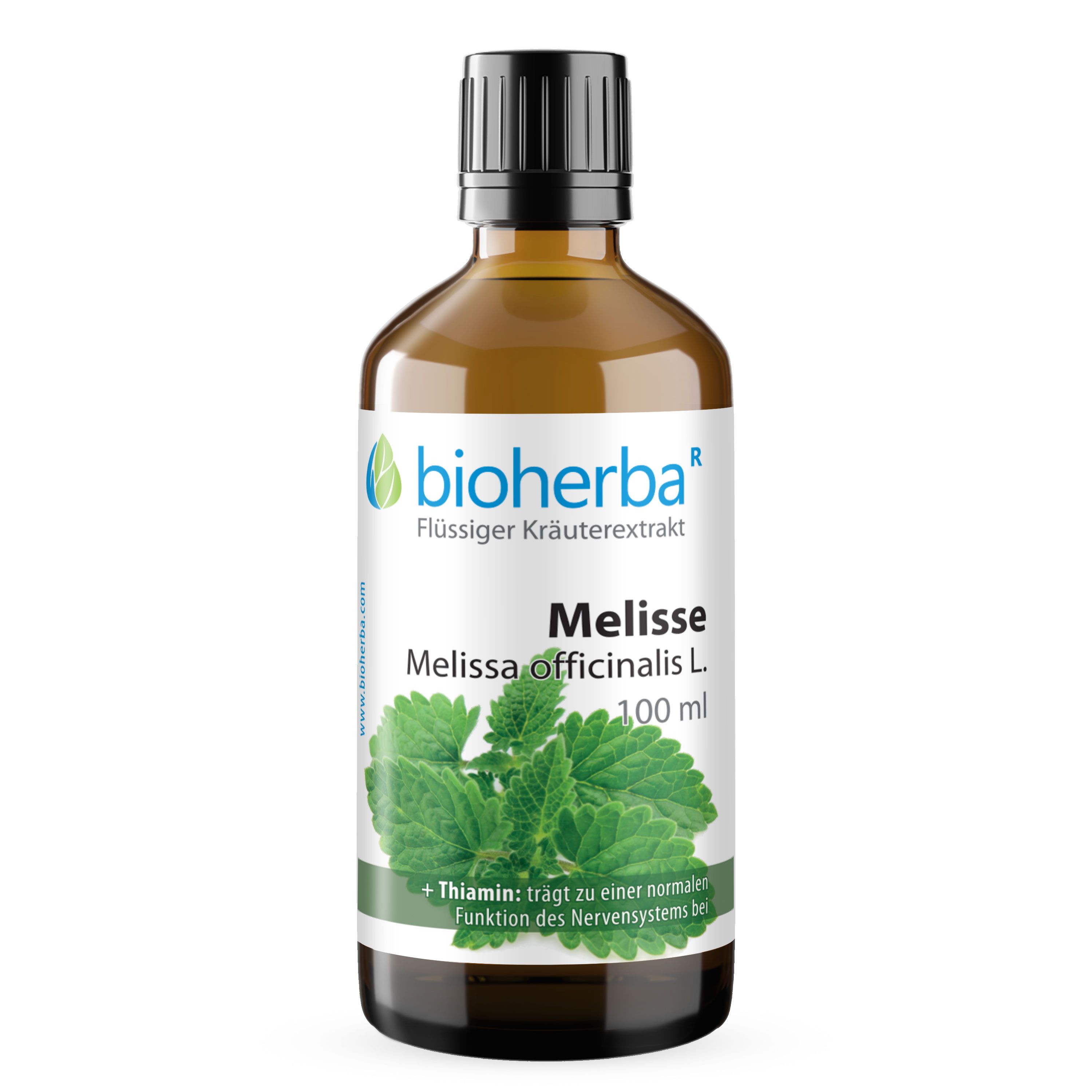 Bioherba Melisse Tinktur Flasche. Braune Glasflasche mit schwarzem Deckel. 100 ml. Etikett mit Produktinformationen.
