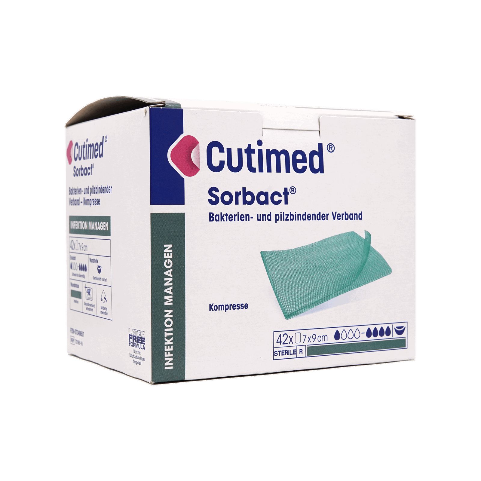 Verpackung von Cutimed Sorbact. Ein grüner Verband ist sichtbar. Text: Bakterien- und pilzbindender Verband, Kompresse. Verpackung mit Produktinformationen.