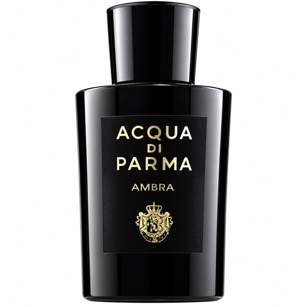Acqua di Parma Ambra Eau de Parfum Flakon. Schwarzes Glas, goldene Schrift.
