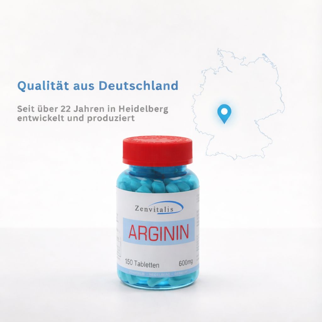 Blaue Tabletten in einer Flasche. Roter Deckel. Text: ARGININ, 150 Tabletten, 600mg. Text: Qualität aus Deutschland.