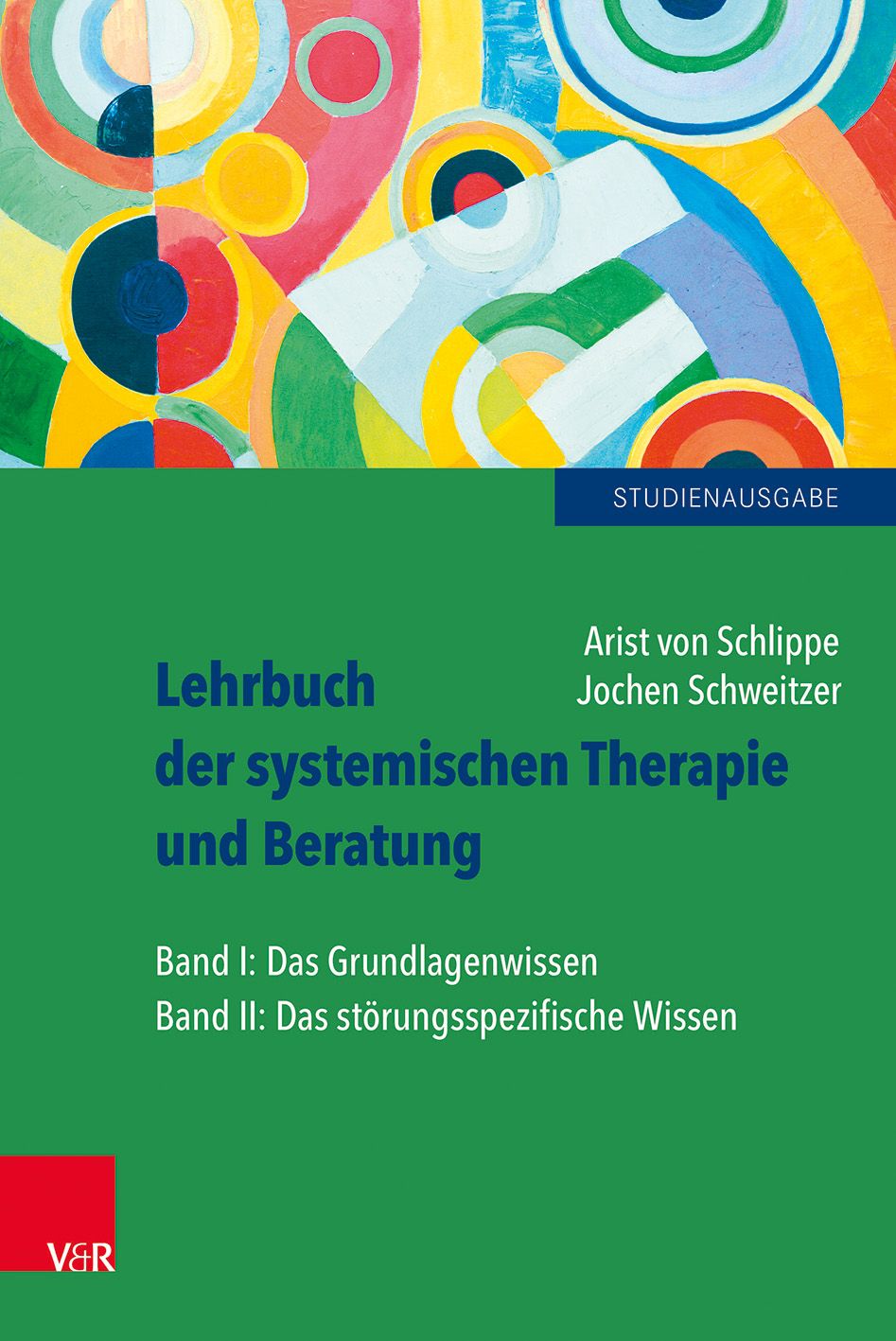 Buchcover: Lehrbuch der systemischen Therapie und Beratung I und II. Titel und Autoren sichtbar. Grün, buntes Design.