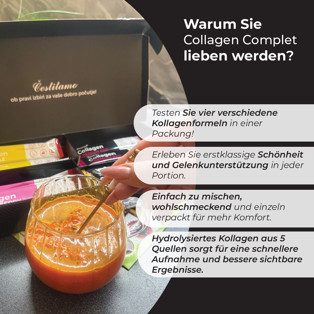 Glas mit Getränk, daneben Biostile Collagen Komplett-Packungen. Text.
