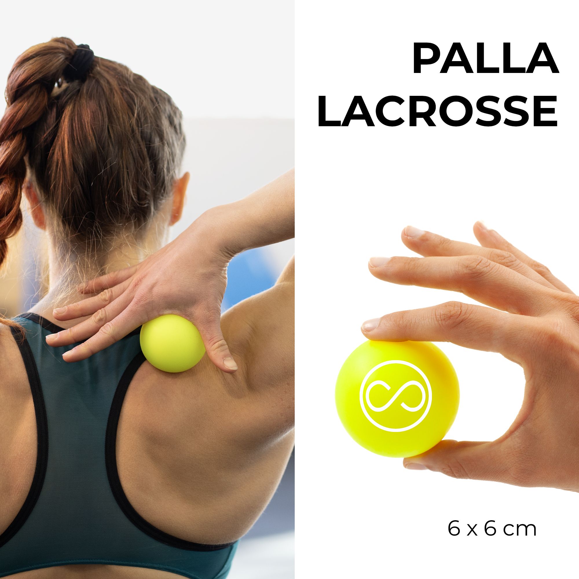 Gelber Lacrosse-Massageball (6x6 cm) in der Hand und am Nacken einer Frau.