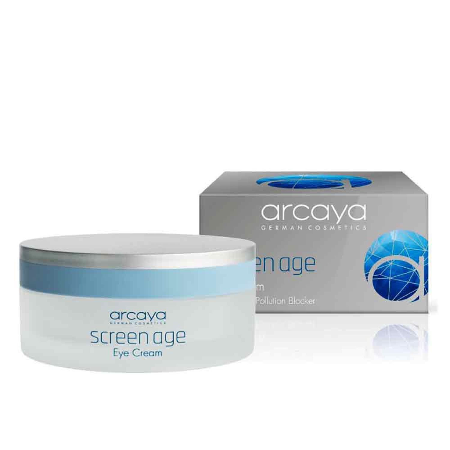 Creme-Glas mit blauem Deckel und Karton. Aufschrift: arcaya screen age Eye Cream.
