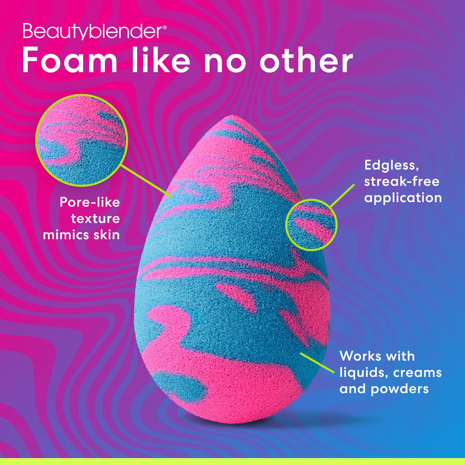 Beautyblender Pool Party Schwamm. Pink-Blau-Muster. Text: Foam like no other, pore-like texture, edgeless.