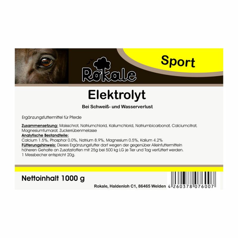 Weißes Etikett mit Produktnamen und Inhaltsangaben. Text in Schwarz. Barcode unten. Gelber Streifen mit Wort Sport.