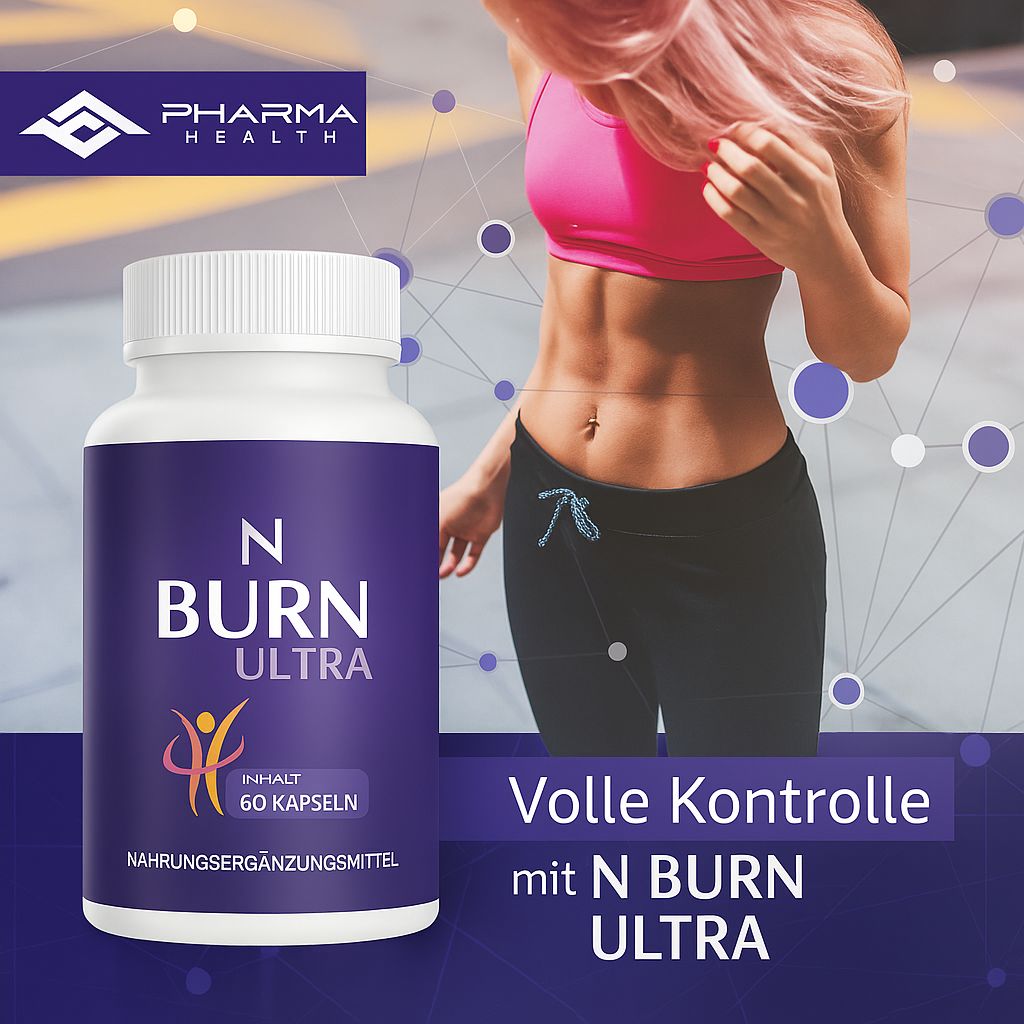 Weiße Flasche mit lila Etikett. Aufschrift: N BURN ULTRA, 60 Kapseln. Frau im Hintergrund.