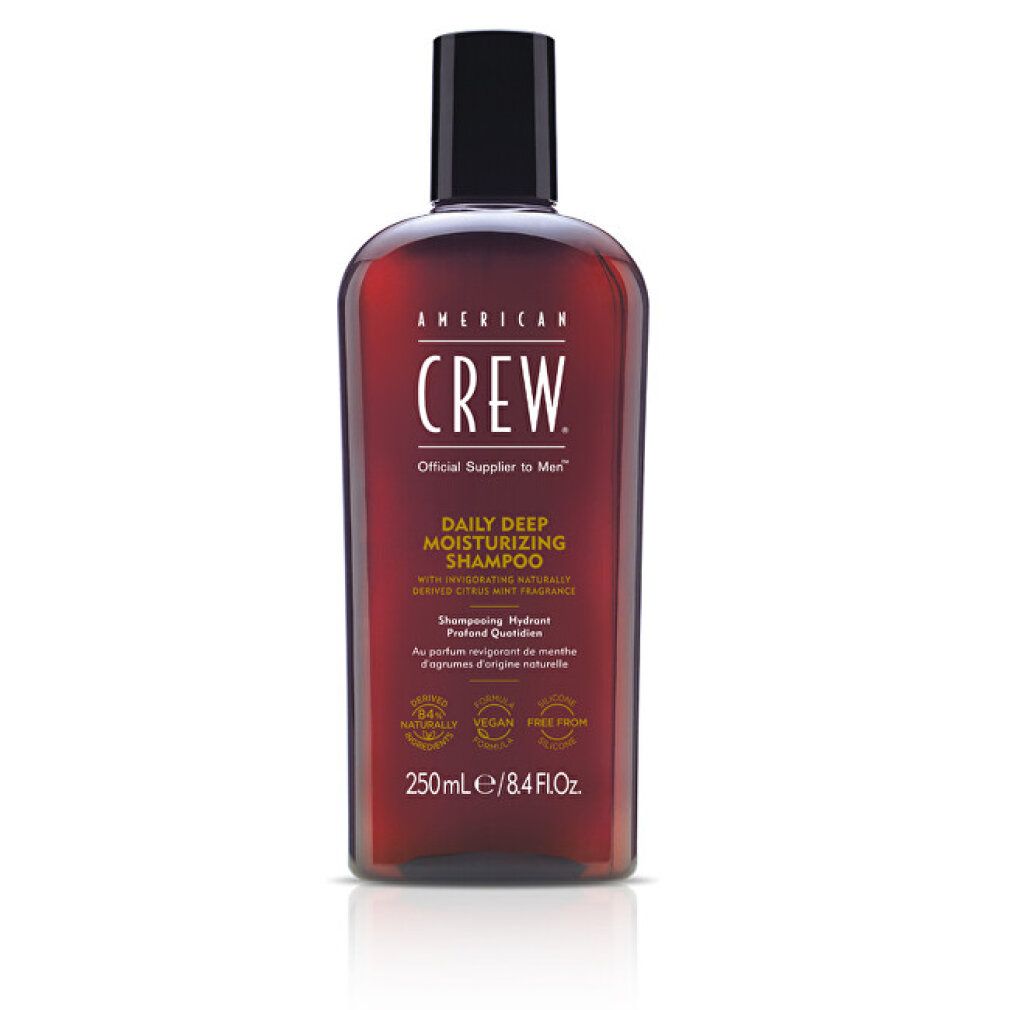 Braune Flasche American Crew Shampoo, schwarzer Deckel. Aufschrift: Daily Deep Moisturizing Shampoo, 250ml/8.4 fl.oz.
