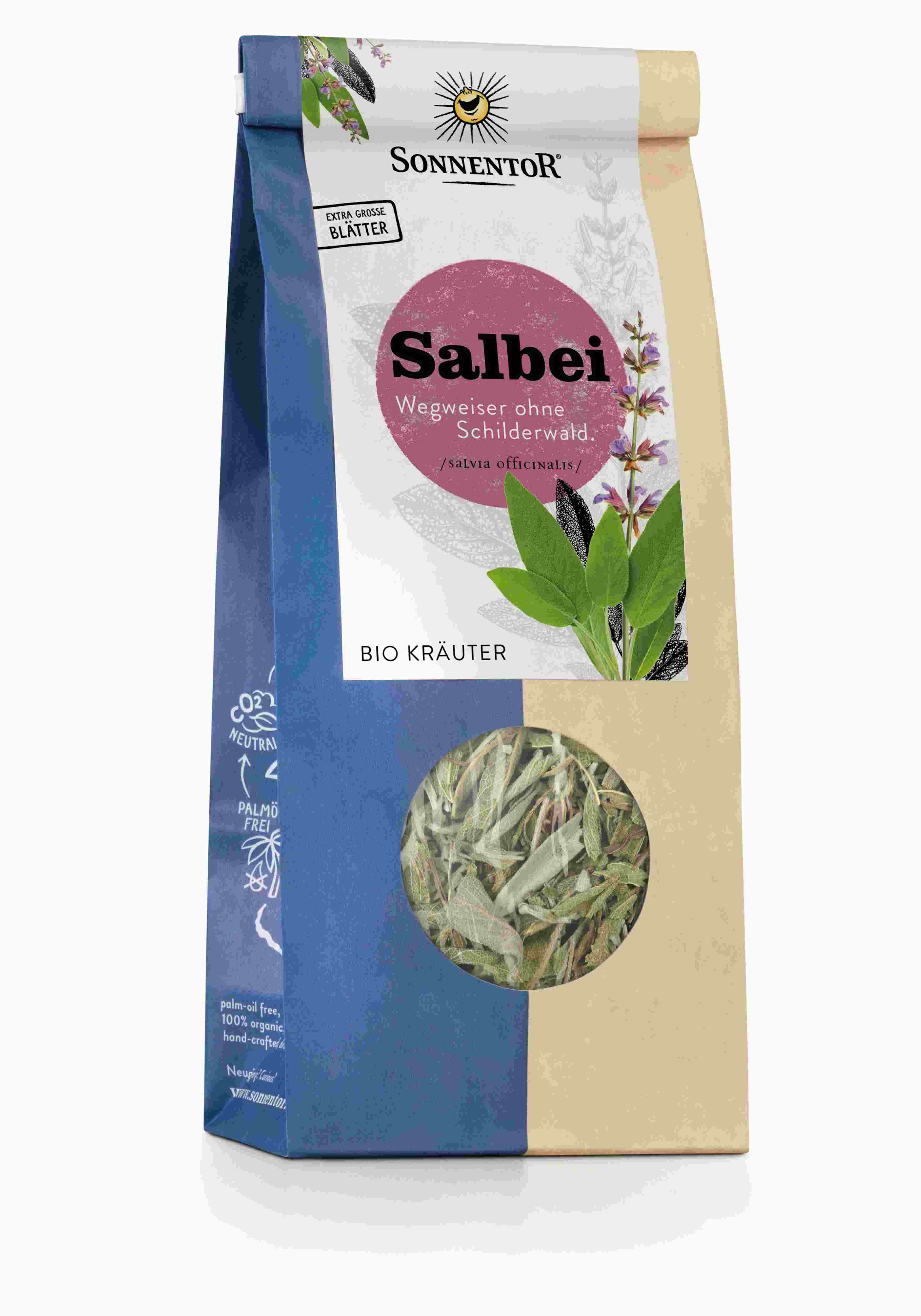 Verpackung von SonnentoR Salbei lose bio. Beutel mit Sichtfenster, zeigt Kräuter. Text: Salbei, Bio Kräuter, SonnentoR.