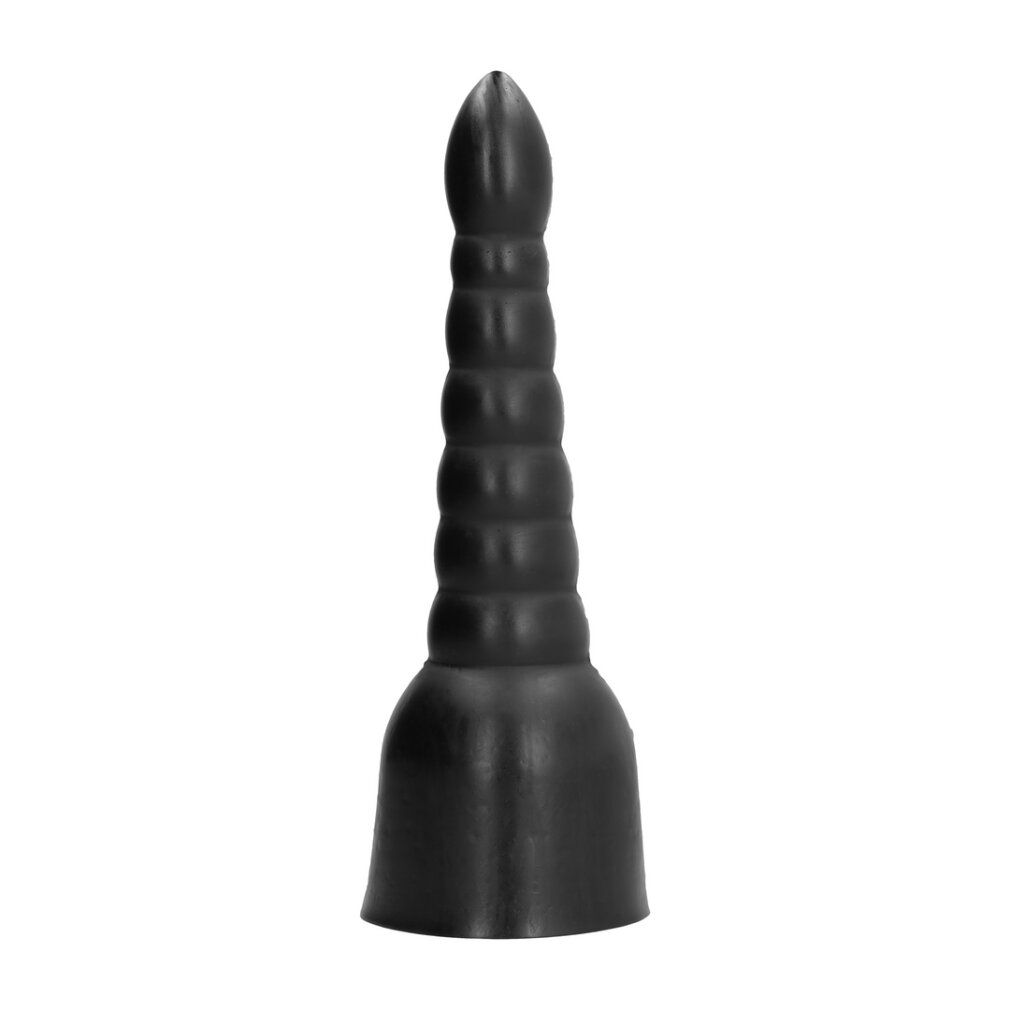 Schwarzer Dildo mit stufenförmiger Textur und einer breiten Basis.