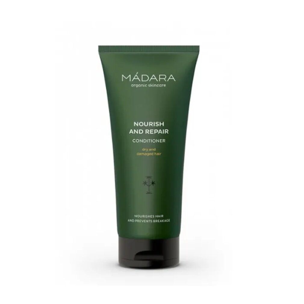 Grüne Tube mit Schriftzug MÁDARA, Nourish and Repair Conditioner. Für trockenes, strapaziertes Haar.