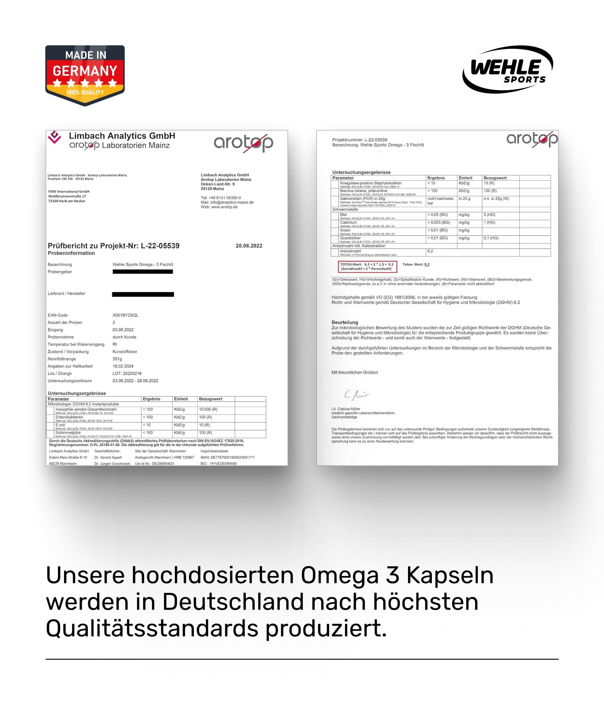 Zwei Dokumente mit Laborergebnissen. Text: Unsere hochdosierten Omega 3 Kapseln werden in Deutschland produziert.